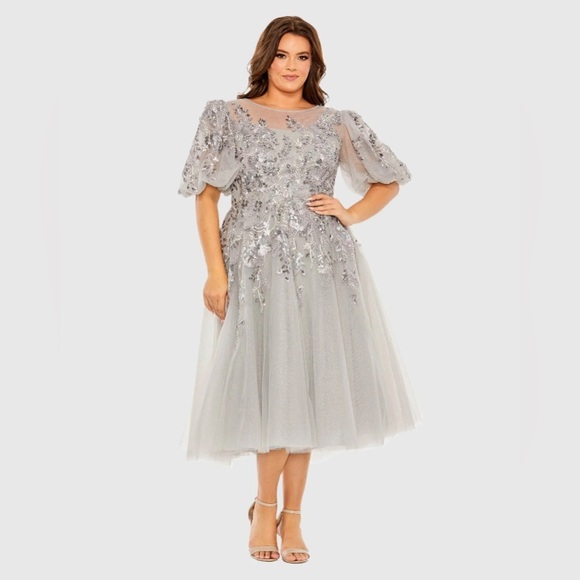 Mac Duggal 20475 Gray Puff Sleeve Glitter Embellished Dress - Picture 3 of 12